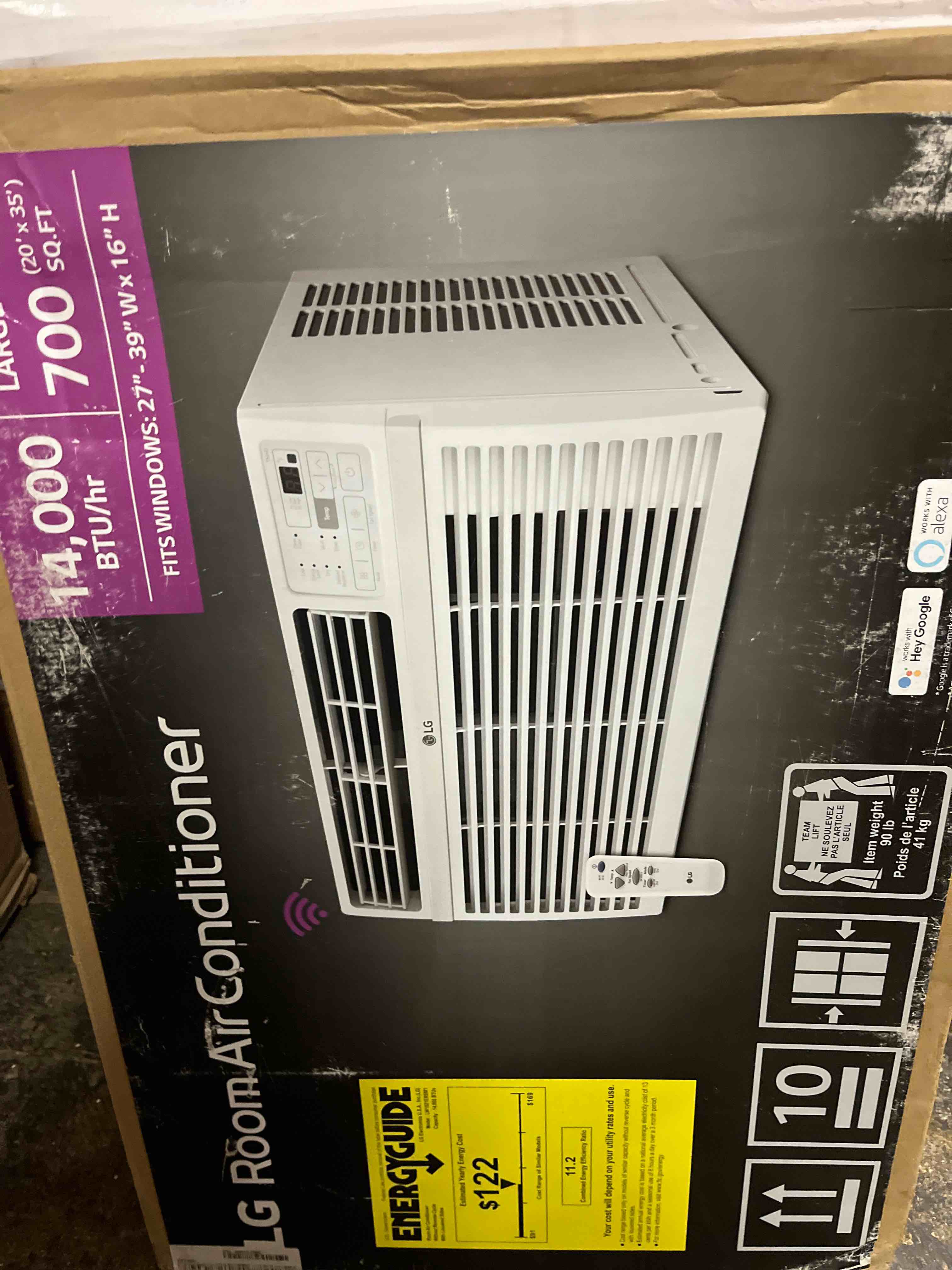 Condition photo showing New/Like New for lg 14,000 window air conditioner, 115v, 700 sq.ft. (25' x 28' room size), quiet operation, electronic control with remote, 3 cooling & fan speeds, auto restart, 14000 btu, white