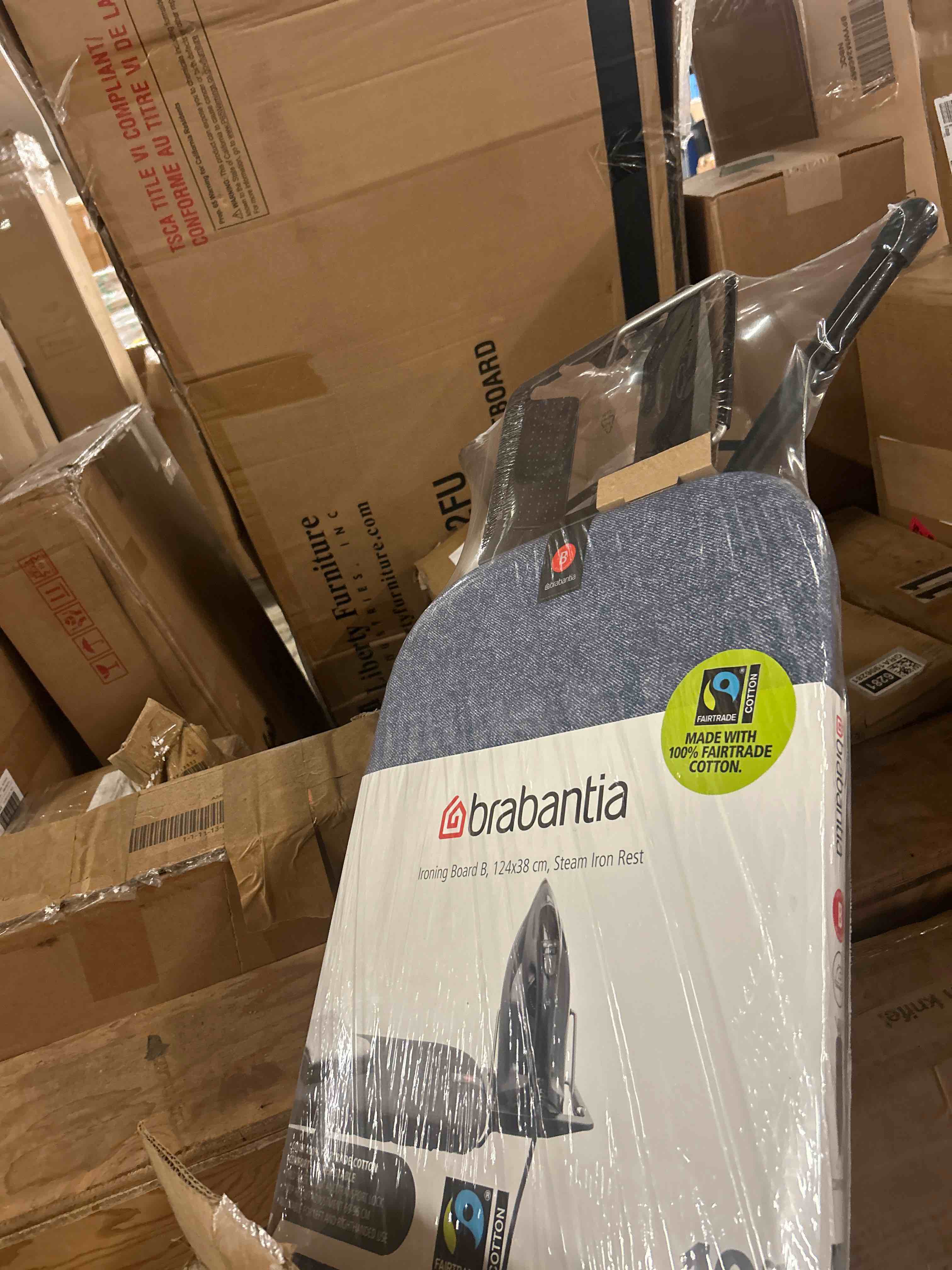 Condition photo showing New/Like New for brabantia comfort ironing board with left/right adjustable steam iron rest | medium (size b) | fairtrade denim blue cover | adjustable height (27-38"), easy fold, anti-collapse lock, non-slip feet