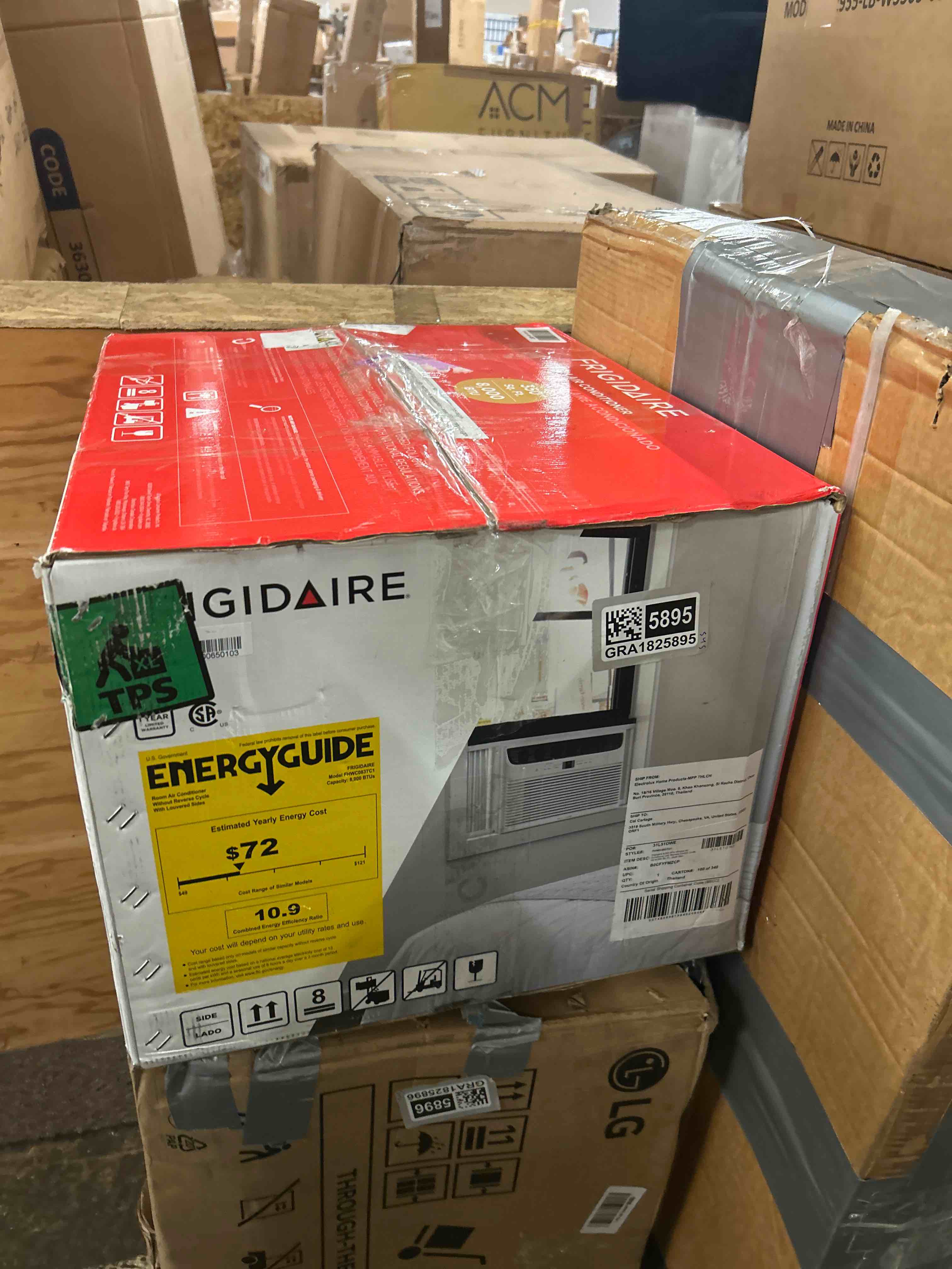 Condition photo showing New/Like New for frigidaire 8,000 btu window air conditioner with remote control, cools up to 350 sq. ft., quiet operation, eco mode, 3 fan speeds, auto restart, white