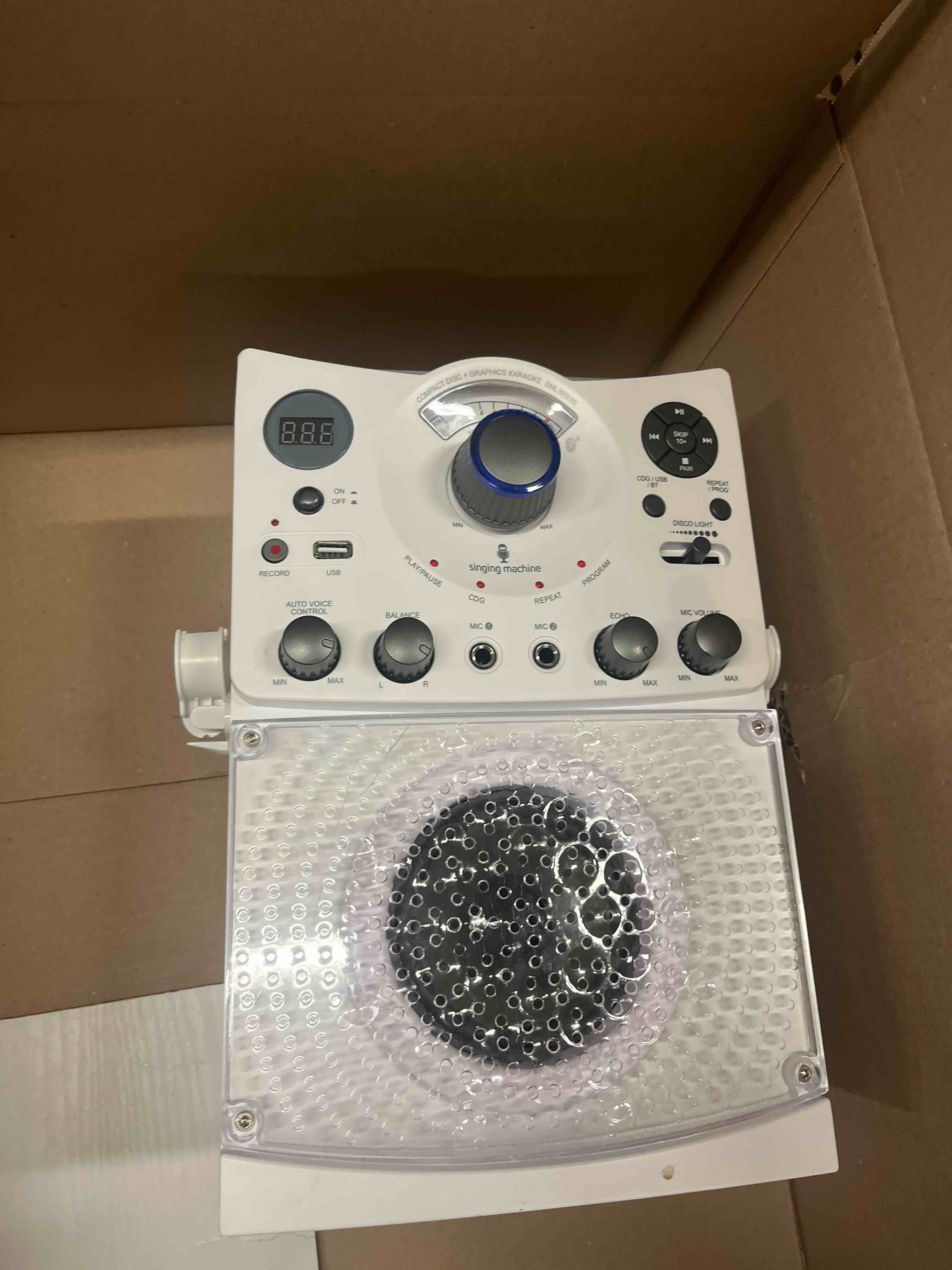 Condition photo showing Good Condition for Singing Machine Portable Karaoke Machine for Adults & Kids with Wired Microphone, White - Built-In Speaker, Bluetooth with LED Disco Lights - Karaoke System with CD+G Player & USB Connectivity