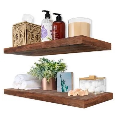 Condition photo showing New/Like New for BGMG Wood Floating Shelves 24 inch, Wide Rustic Wooden Wall Shelves for Bathroom Living Room Bedroom Kitchen Farmhouse Set of 2-24x 6.7 x1.25 inch- Walnut Color