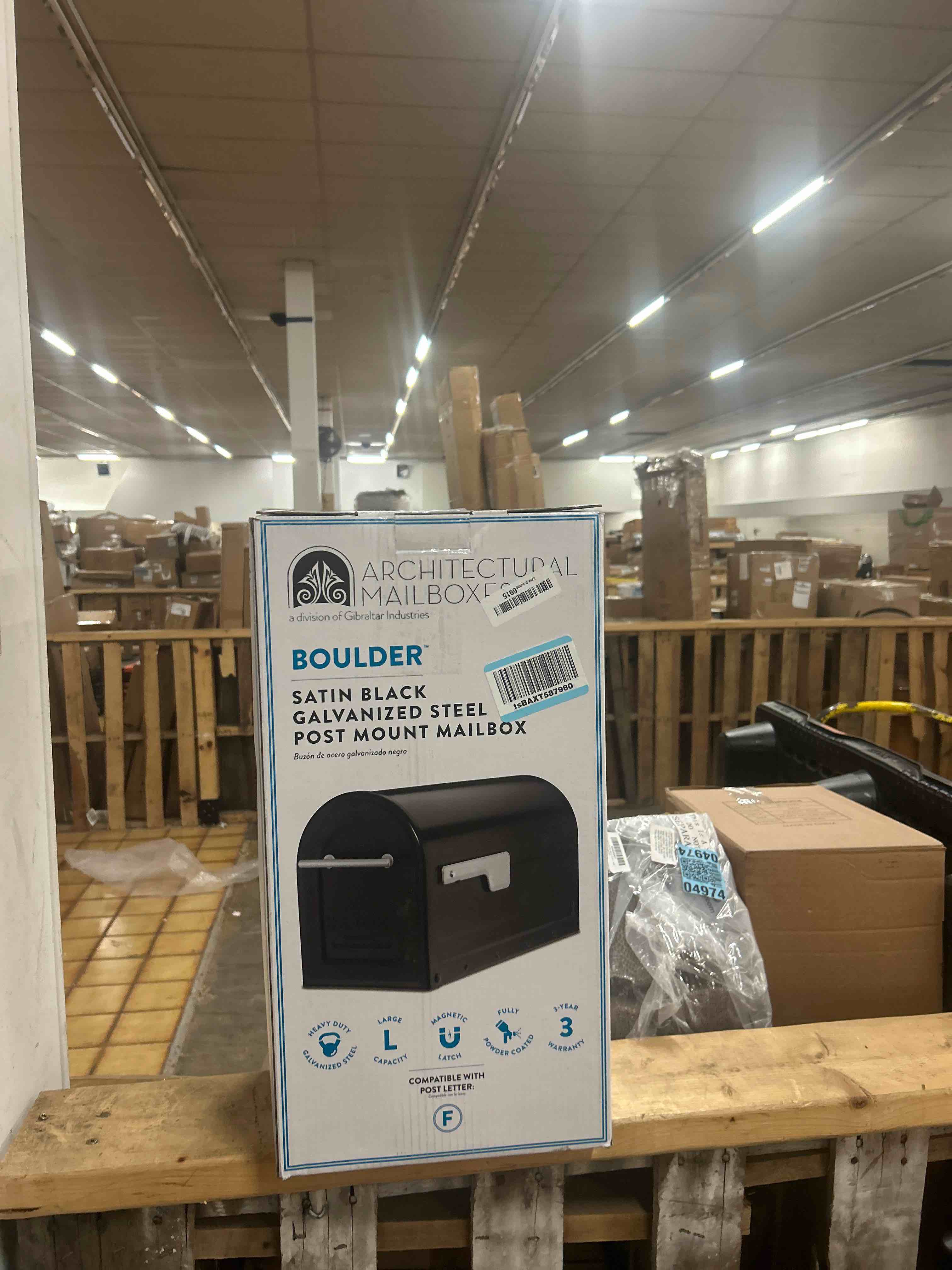 Condition photo showing New/Like New for Architectural Mailboxes Boulder Post Mount Mailbox with Premium Silver Handle & Flag - Black - Large