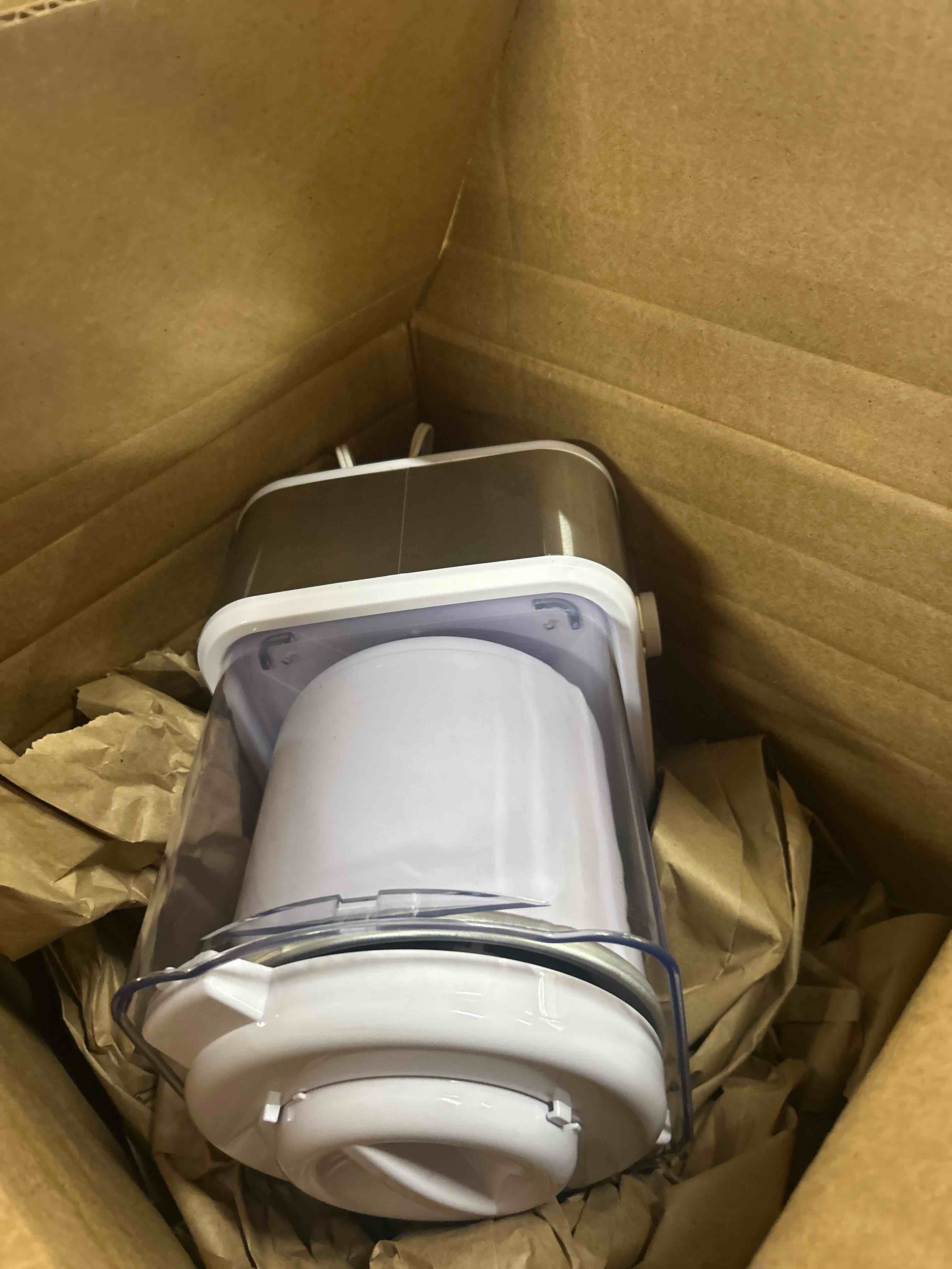 Condition photo showing New/Like New for Nostalgia Electric Ice Cream Maker with 2-Qt Double Insulated Gel Canister & Stainless Steel Base - Makes Sorbet, Soft Serve, and Frozen Yogurt - White