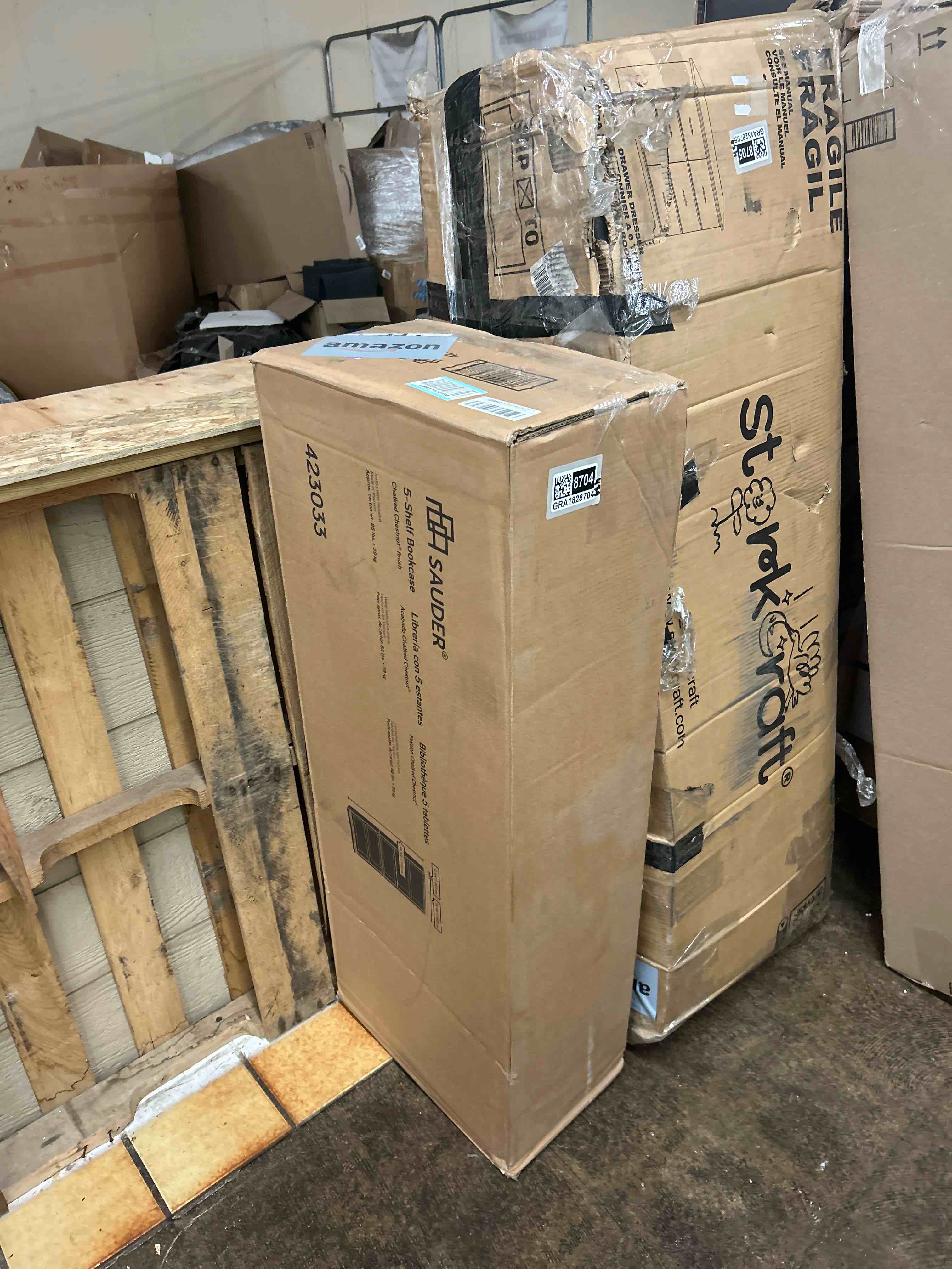 Condition photo showing New/Like New for Sauder Miscellaneous Storage Bookcase with Doors, Adjustable Shelves, 5 Shelf Bookcase - Chalked Chestnut Finish