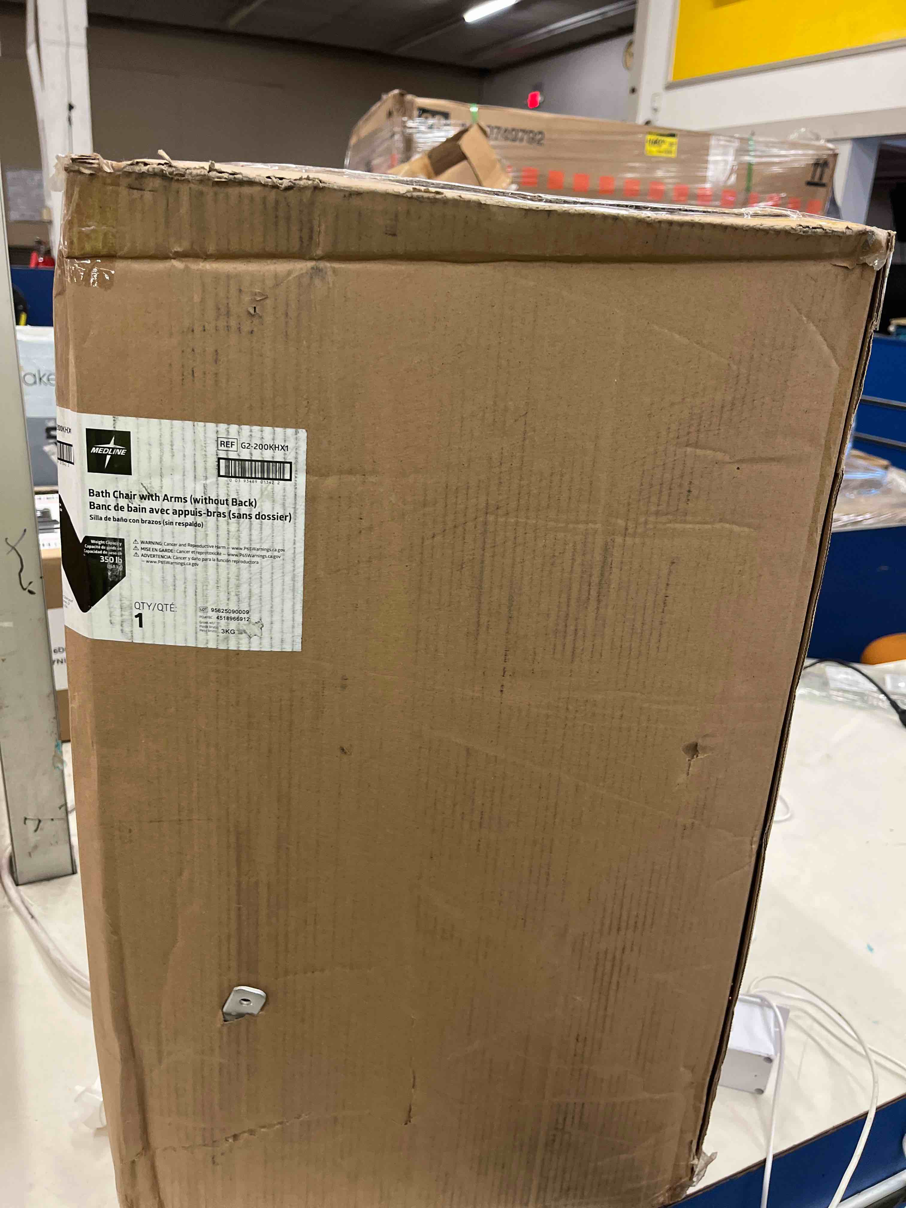 Condition photo showing New/Like New for Medline Bath Bench with Padded Armrests  Height Adjustable Shower Seat  350 lb. Weight Capacity  Gray