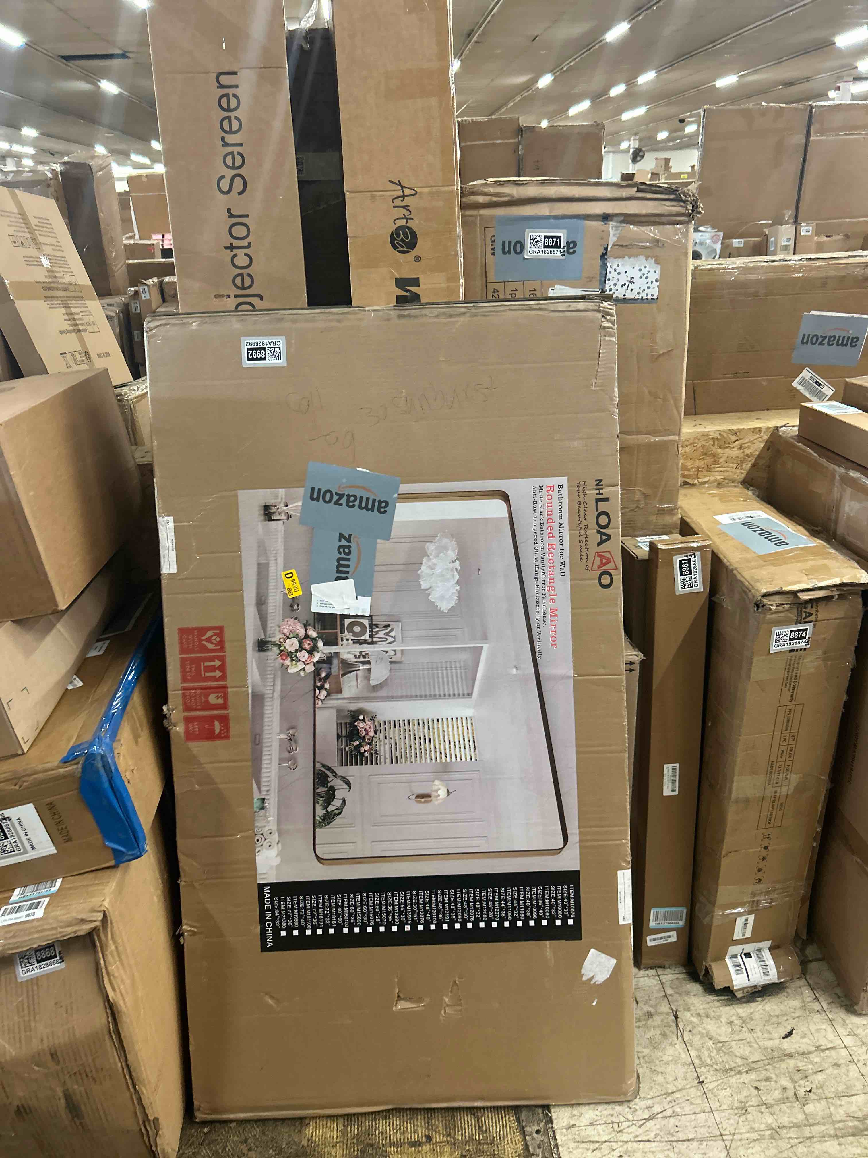 Condition photo showing New/Like New for LOAAO 55X30 Inch Bathroom Mirror with Wood Grain Colored Metal Frame, Rounded Rectangle Metal Framed Bathroom Mirror, Anti-Rust, Hangs Horizontally or Vertically, Tempered Glass