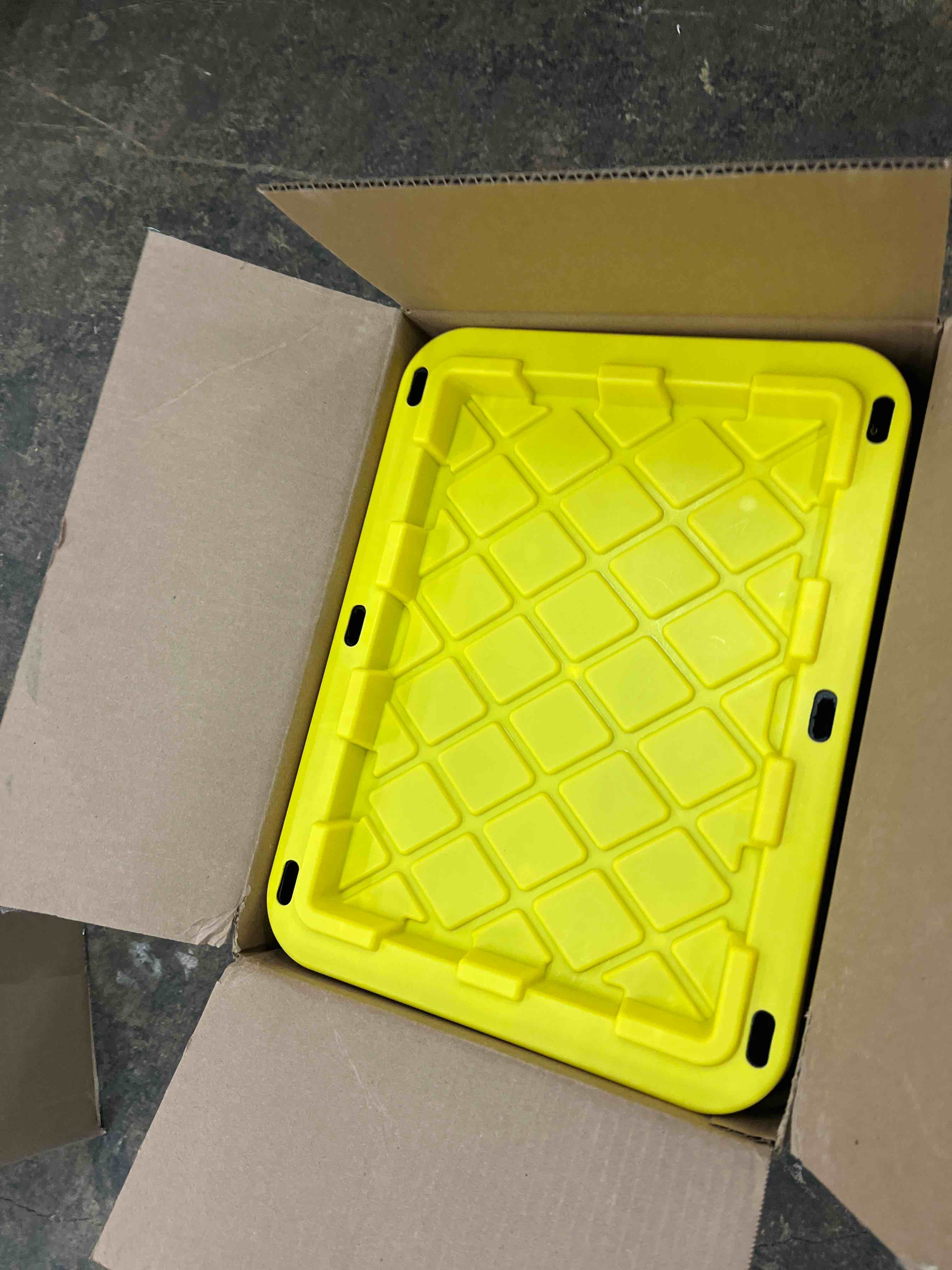 Condition photo showing New/Like New for HOMZ 2-Pack Durabilt, Heavy Duty Plastic Storage Bins with Lids, 15 Gallon, Black/Yellow - Stackable Container Boxes for Home, Attic, and Garage Organization