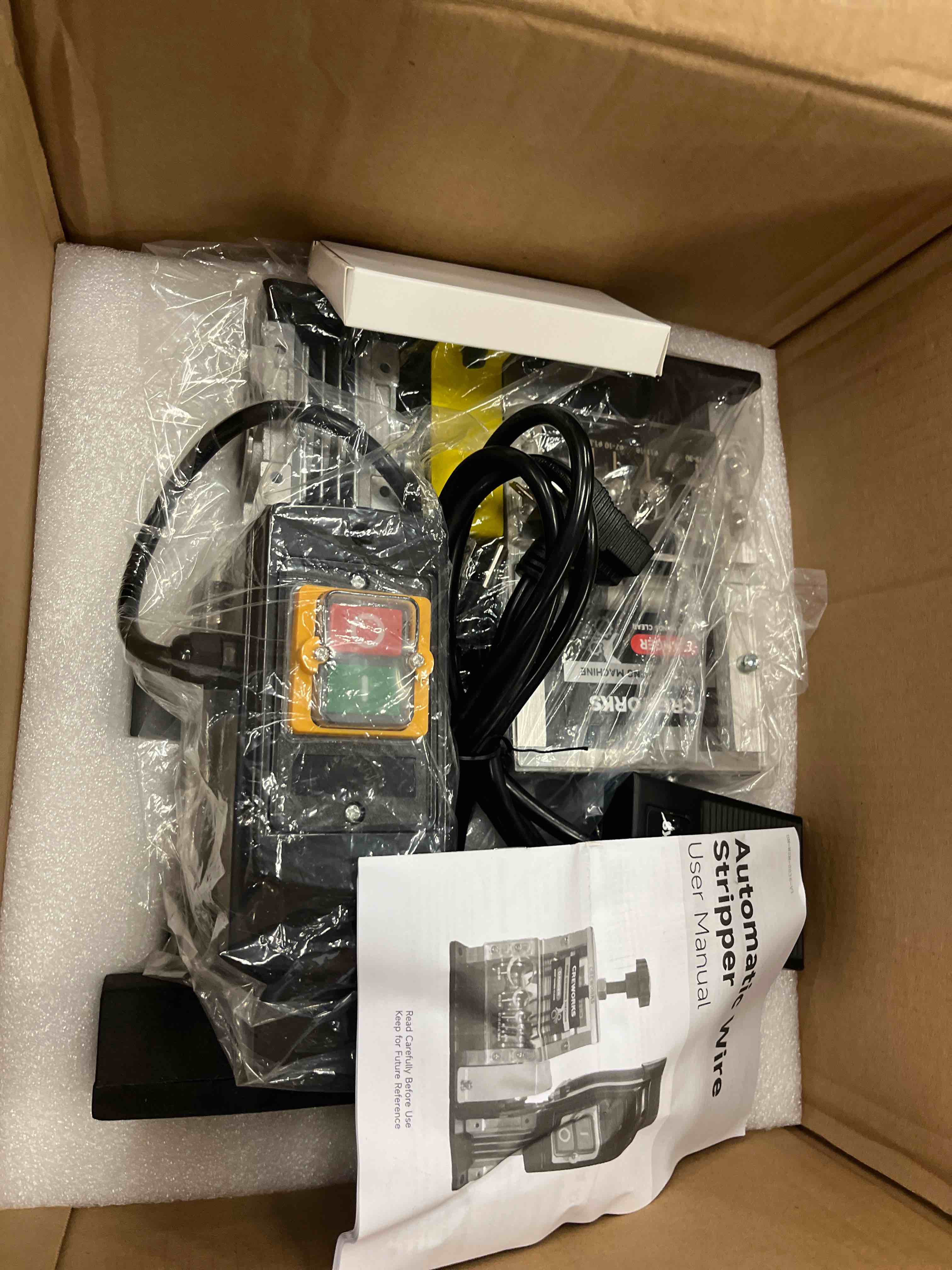Condition photo showing New/Like New for CREWORKS 180W Motor Automatic Wire Stripper Machine, 5 Blade Electric Wire Stripping Machine for 0.06"-1.18" (1.5-30 mm) Scrap Wire with 2 Feed Plates Foot Pedal Switch Sharpening Rod