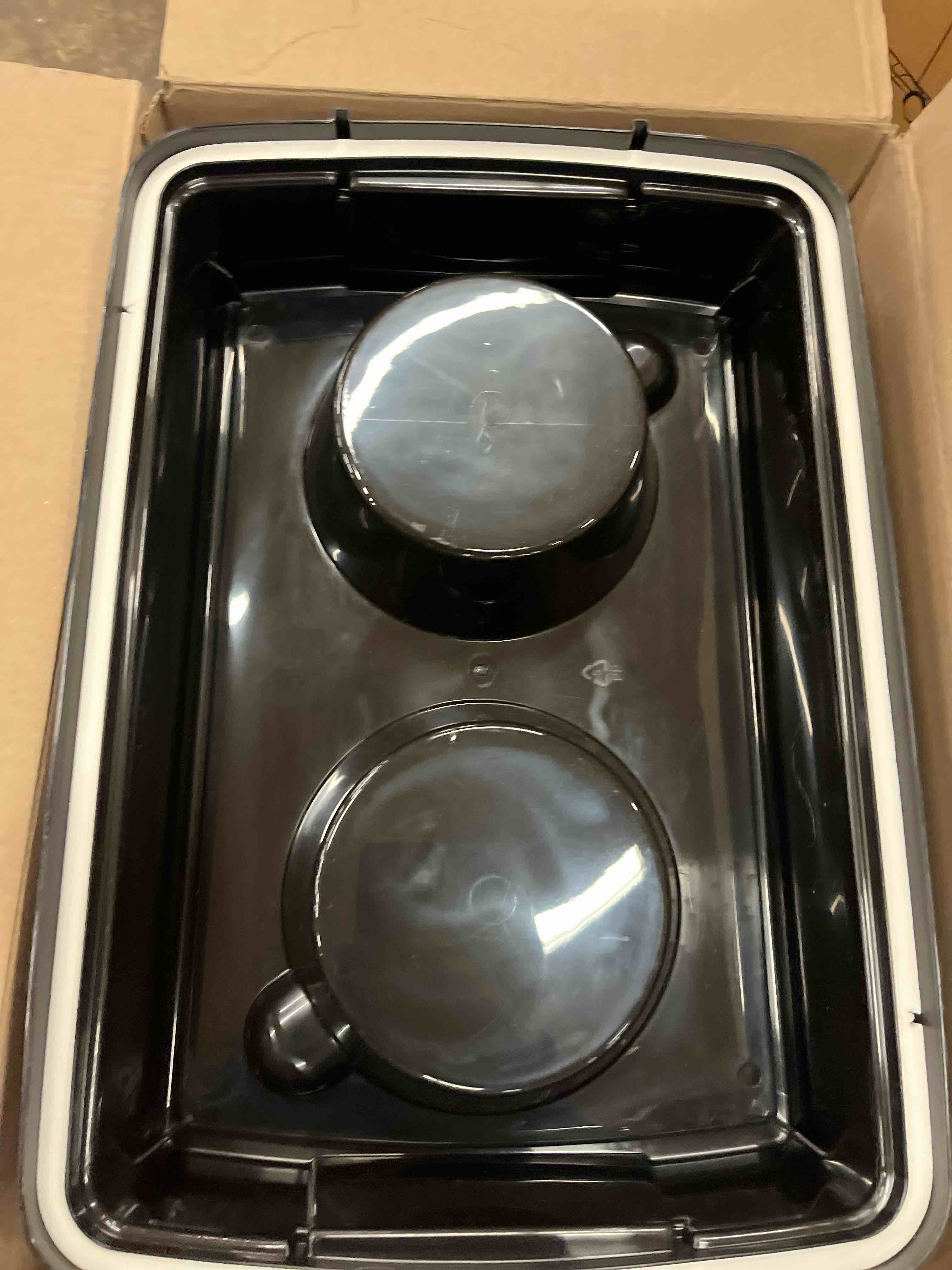 Condition photo showing Good Condition for IRIS USA Elevated Dog Bowls, 15" H Raised Bowl for Large Dogs, Airtight Pet Food Storage Holds Up to 47 Lbs, 2 Removable 64 oz Stainless Steel Bowls, At Home or Camping, Smoke/Black