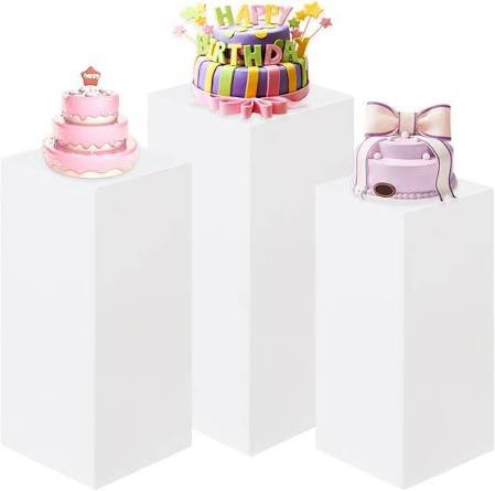 3PCS Square Pedestal Stands for Parties, White Metal Square Plinths Dessert Table Cube Display Pillars for Birthday Wedding Bridal Baby Shower Party Decorations(Small)