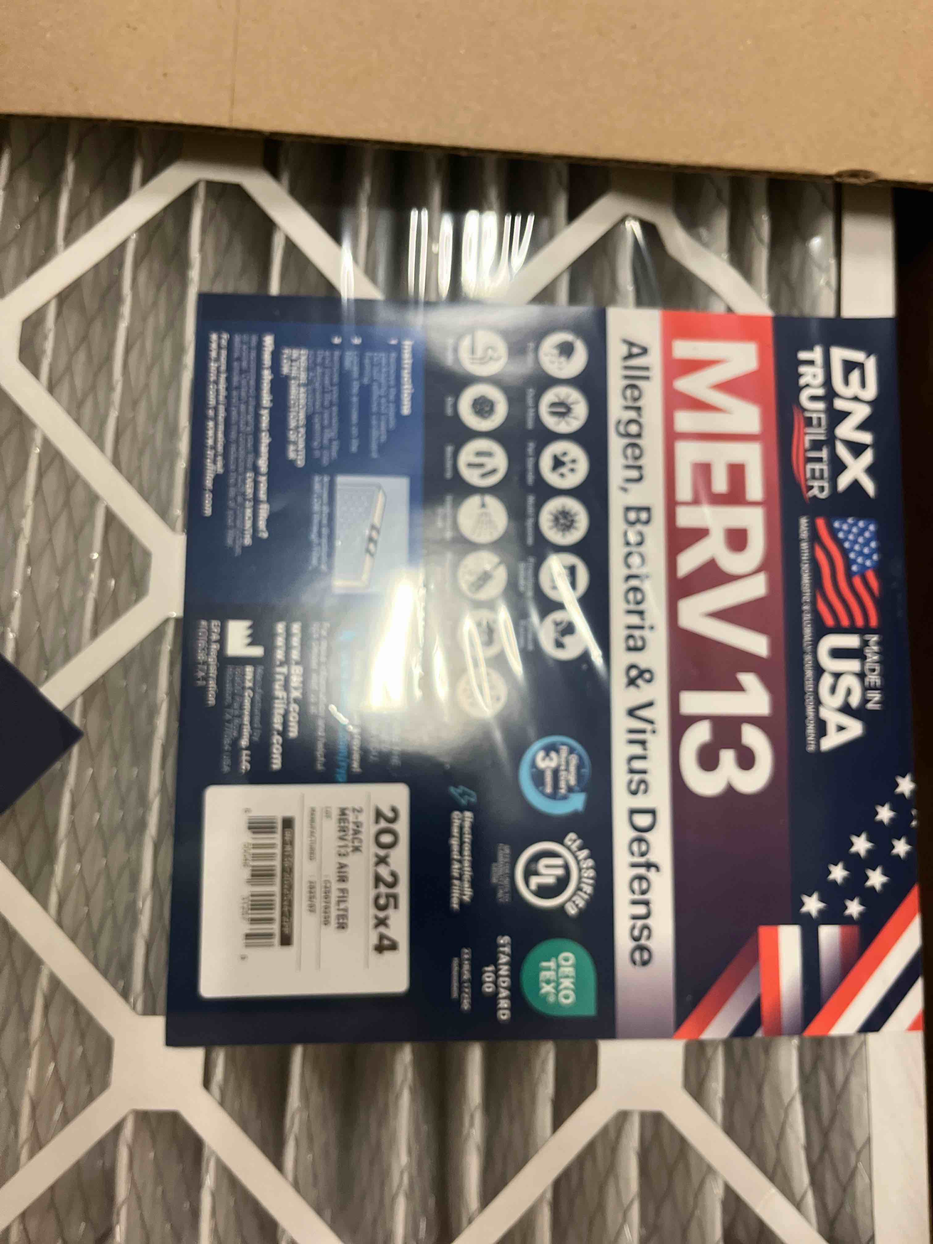 Condition photo showing New/Like New for BNX TruFilter 20x25x4 (19.5’’ x 24.5’’ x 3.63‘’ Slim Fit) MERV 13 Air Filter (2-Pack) - MADE IN USA - Air Conditioner HVAC AC Furnace Filters Health, Allergies, Mold, Bacteria, Smoke, MPR 1900 FPR 10