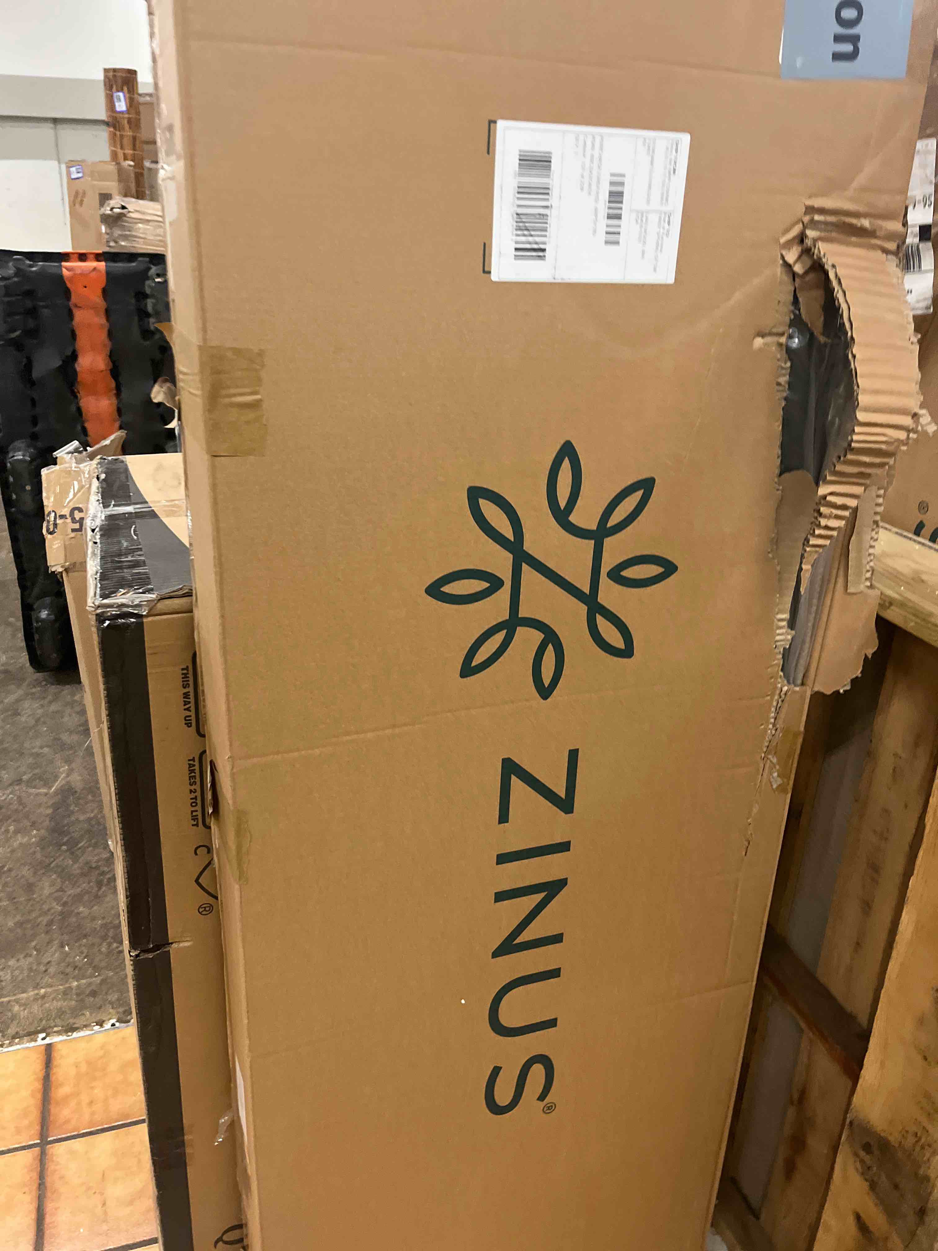 Condition photo showing New/Like New for Zinus Queen Piper Upholstered Platform Bed with Horizontal Paneled Headboard, Wooden Slat Support, No Box Spring Needed, Easy Assembly, Eco Friendly Packaging, Dark Grey