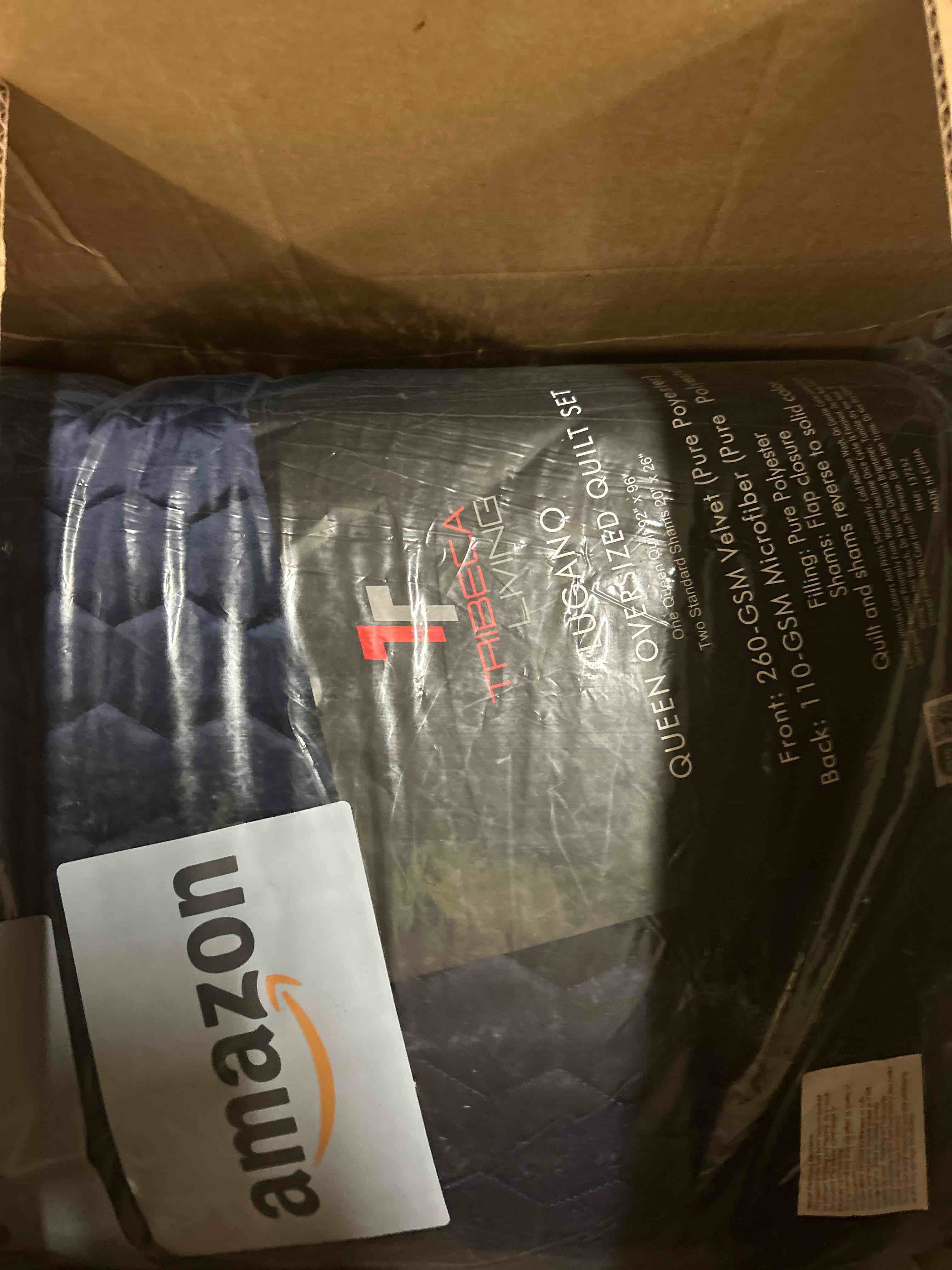 Condition photo showing New/Like New for Tribeca Living Luxury Velvet Quilt Queen Size Set - 260GSM Ultra-Soft Oversized Velvet Bedspread Comforter Set with 2 Shams, in Florence Navy Blue