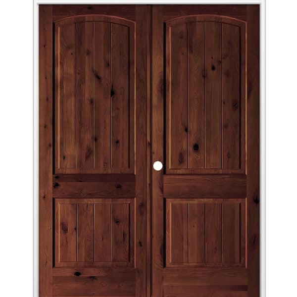 Condition photo showing New/Like New for Krosswood Doors 72 in. x 96 in. Rustic Knotty Alder 2-Panel Arch Top VG Right Hand Red Mahogany Stain Wood Double Prehung Interior Door