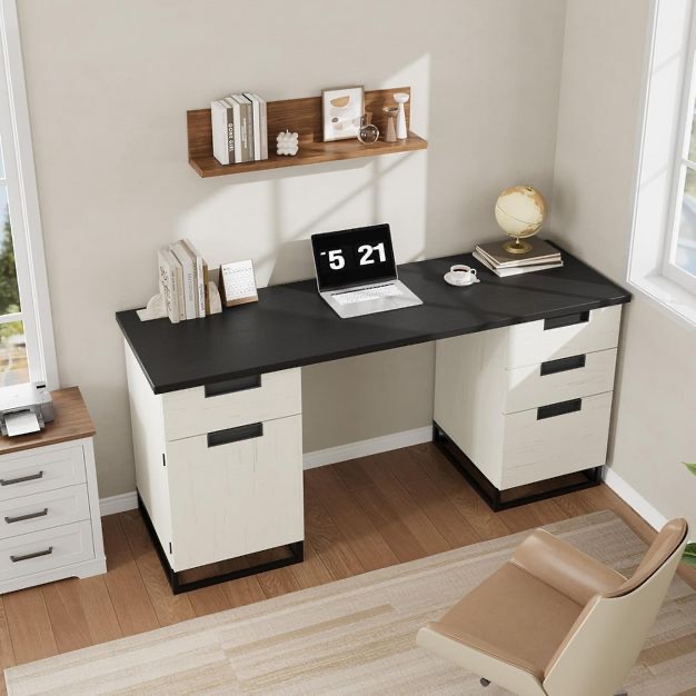 Condition photo showing Good Condition for Garvee 59" Farmhouse Executive Desk, Home Office Desk with File Drawers and Storage Cabinet, Wooden Computer Table Teacher Desk for Work and Study, White+Black