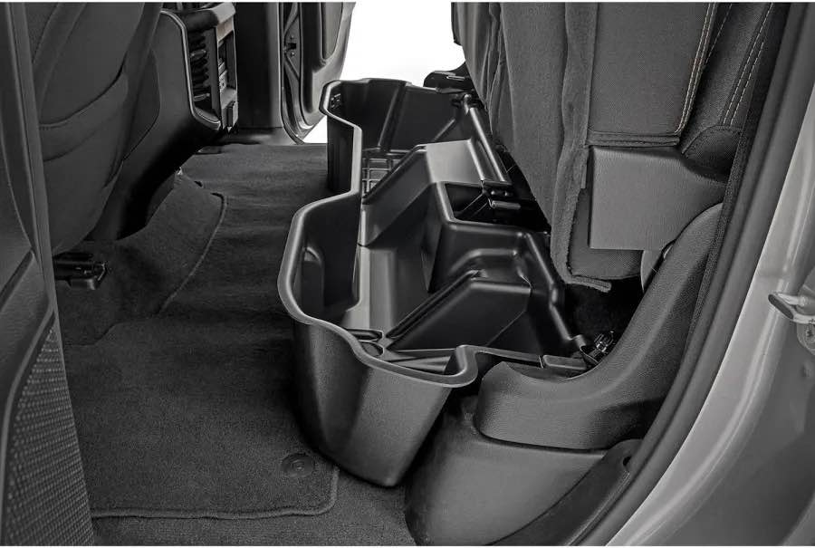 Condition photo showing New/Like New for Rough Country Under Seat Storage for Ram 1500 Crew Cab (2019-2025) - Heavy-Duty Thermoplastic, Anti-Skid, Custom-Fit Rear Seat Organizer Tray