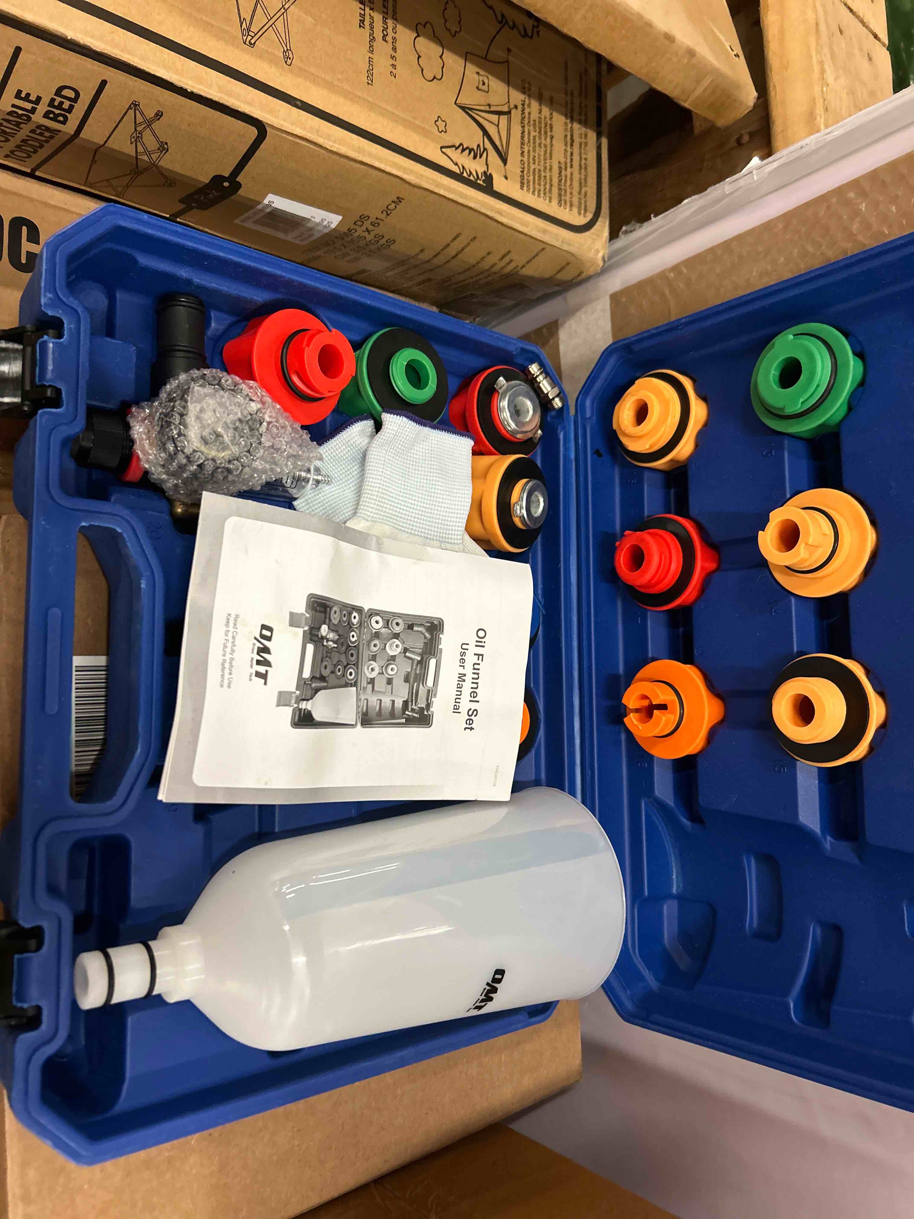Condition photo showing New/Like New for Orion Motor Tech 23pc Oil Funnel Set, 2.2 qt Funnel for Engine Oil Change with 15 Adapters Funnel Necks & Angled Extension Air Filter Regulator, Oil Filler Funnel Kit Compatible with Toyota Ford More