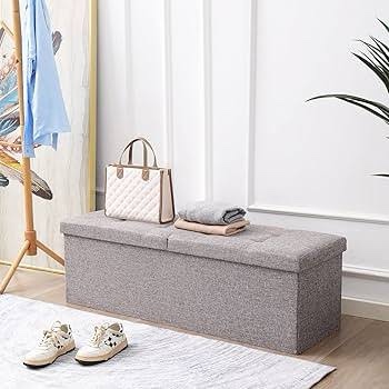 Condition photo showing New/Like New for CUYOCA 45.3 Inches Storage Ottoman Bench Foldable Seat Footrest Shoe Bench End of Bed Storage with Flipping Lid, 166L Storage Upholstered Tufted Bench, Linen Fabric Grey