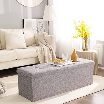 CUYOCA 45.3 Inches Storage Ottoman Bench Foldable Seat Footrest Shoe Bench End of Bed Storage with Flipping Lid, 166L Storage Upholstered Tufted Bench, Linen Fabric Grey