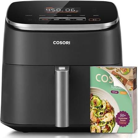 cosori air fryer 9-in-1, compact & large 6-qt, fast turbo modes, 90–450°f precise heat for even results, up to 95% less oil*, roast, bake, dry, reheat, frozen, broil, proof, 120v, turboblaze, grey