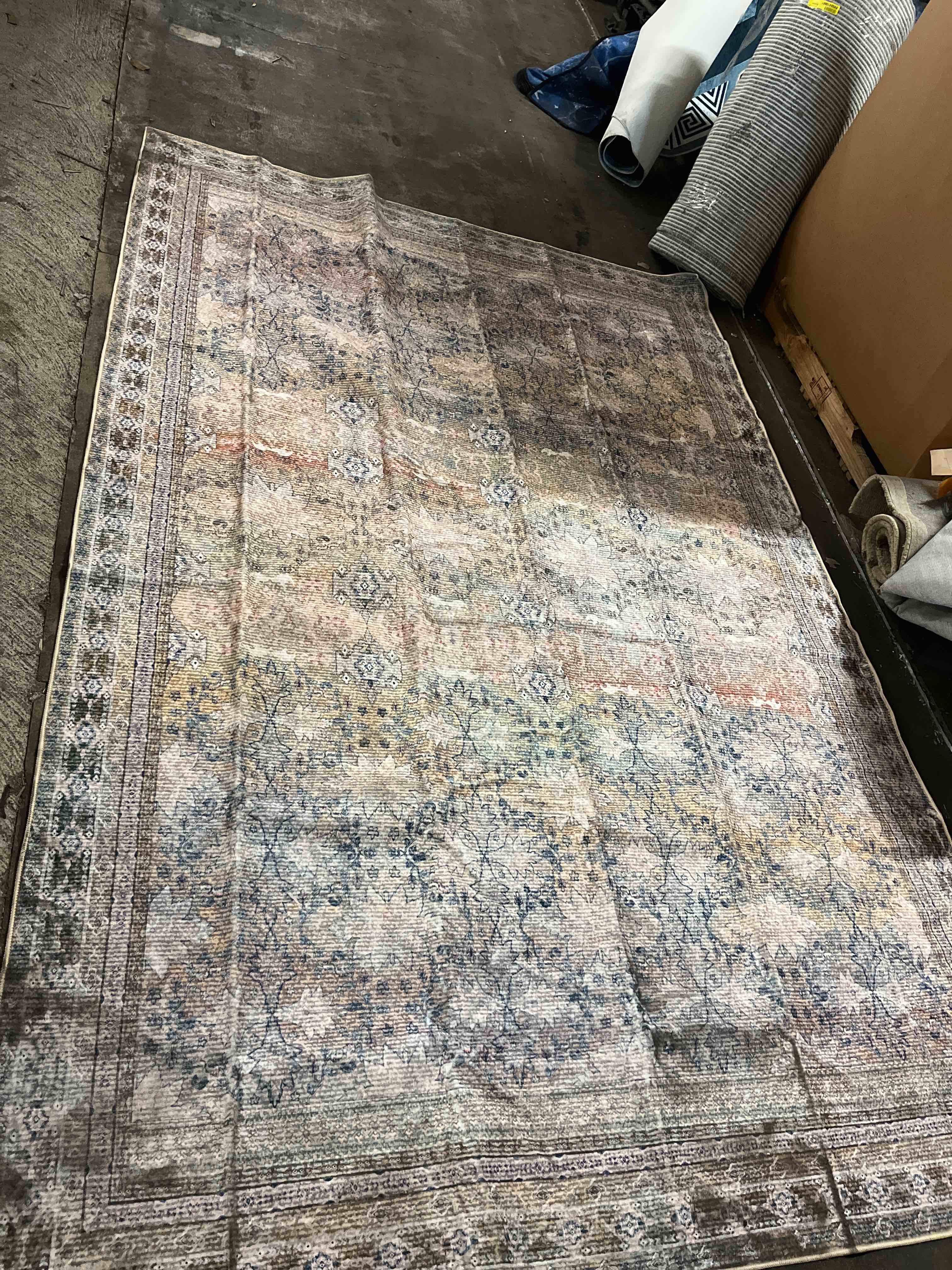Condition photo showing Good Condition for loloi layla collection lay-03 olive/charcoal 7'-6" x 9'-6" .13" thick area rug, soft, durable, vintage inspired, distressed, low pile, non-shedding, easy clean, printed, living room rug