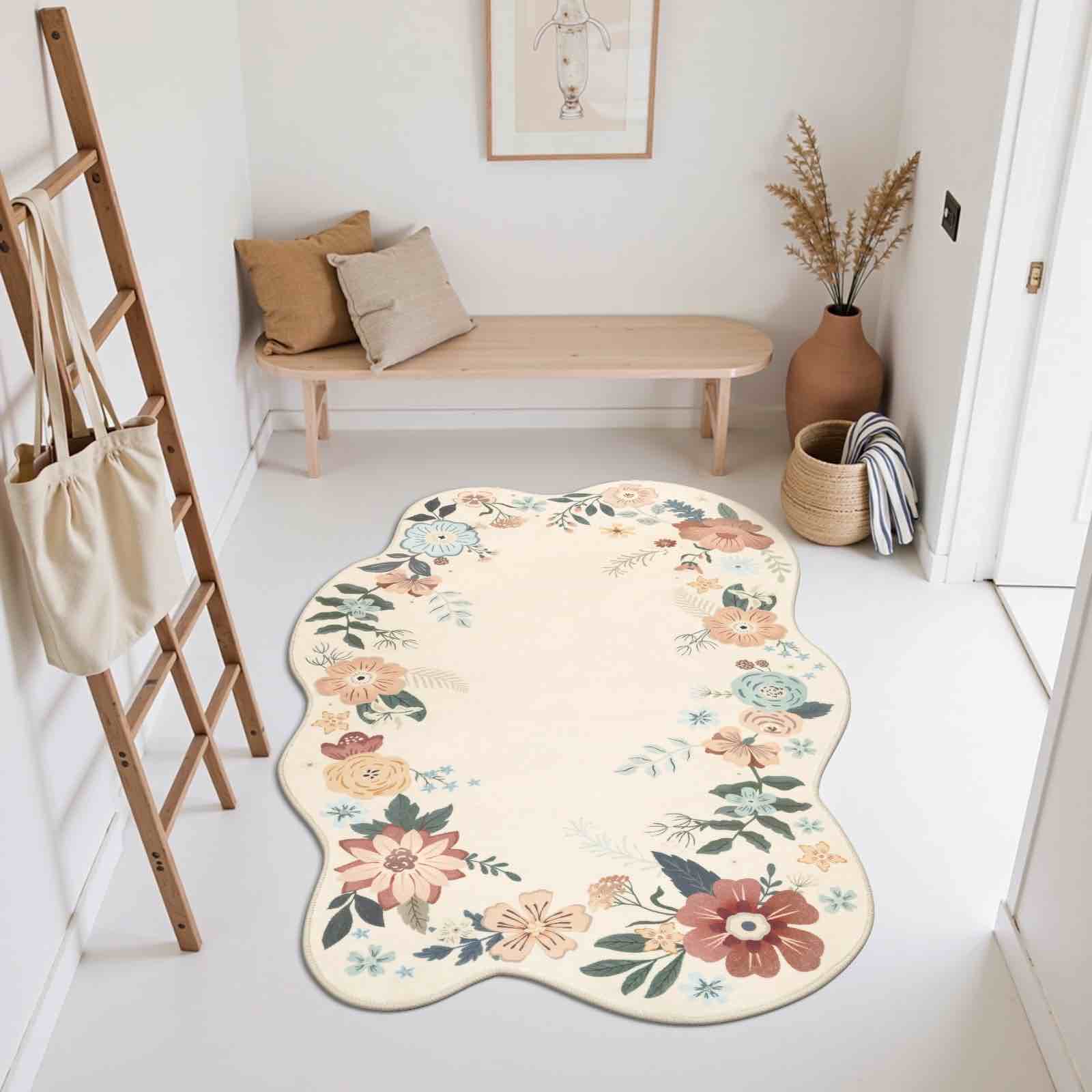 MeyJey Floral Machine Washable Area Rug, 3'x5' Rug Non Slip Soft Bedroom Rugs for Entryway Dorm, Ultra-Thin Rugs Stain Resistan Throw Carpet for Living Room Kitchen Laundry Bathroom Bedroom (3’ x 5’)