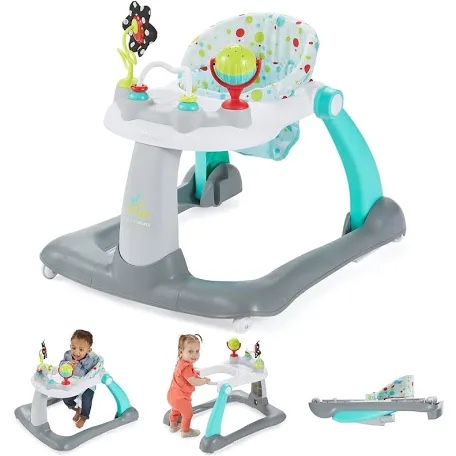 kolcraft tiny steps 2 in 1 foldable infant and baby push walker with wheels, seated or walk-behind design, entertaining developmental activities for boys and girls, wide base sturdy frame, bubbles