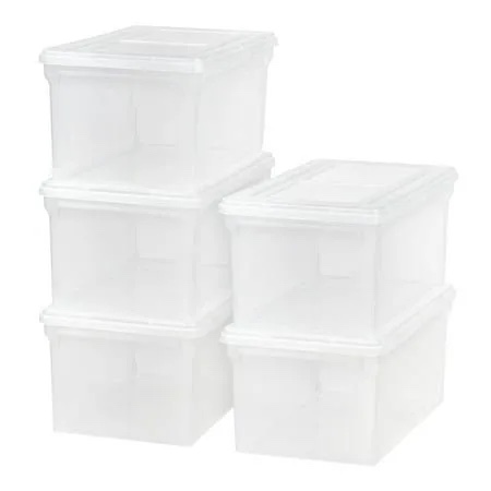 IRIS USA File Box File Organizer w/ Hinged Split Latching Lid for Letter/Legal File, Water Resistant Document Box, BPA-Free, Plastic Storage Bin Tote Organizer, Stackable, Nestable, Pearl 44 Qt. 5Pack