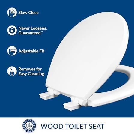 Condition photo showing New/Like New for mayfair cassel slow close toilet seat, easy clean, non slip premium wood seat, easy install, made in usa, elongated, white