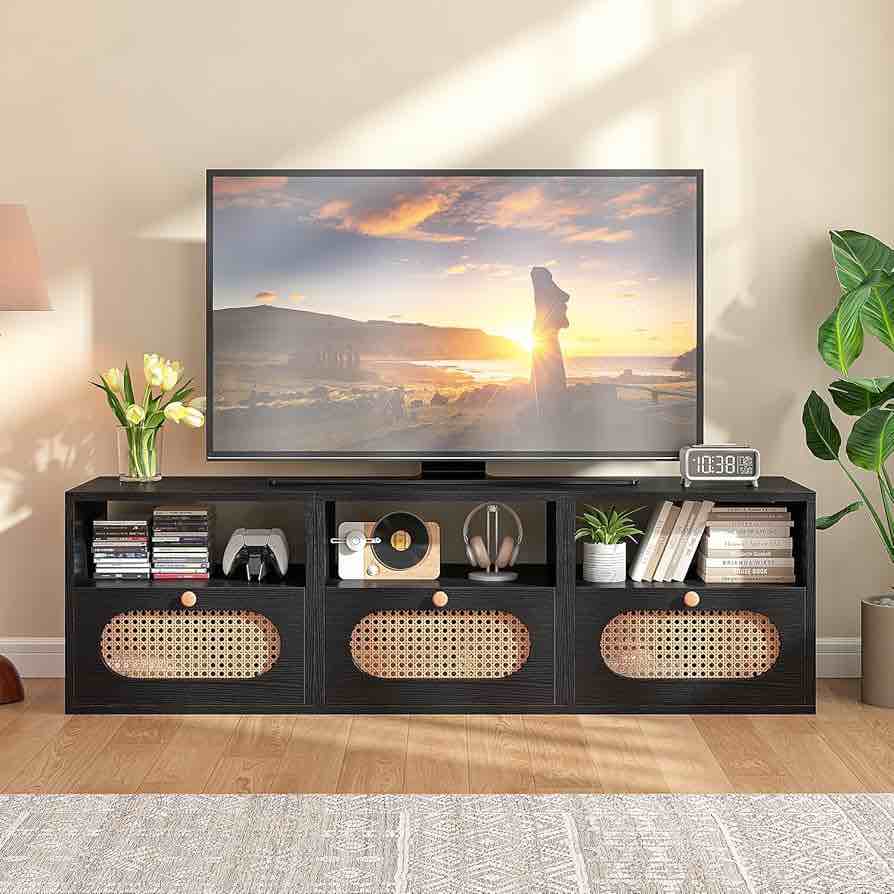 FurniNova Rattan Console Table,Entryway Table,TV Stand, Boho Wooden Storage Organizer Entrance Console Sofa Table,Nightstands for Living Room, Study Room, Entryway,Black
