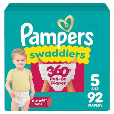 Pampers Diapers - Swaddlers 360° - Size 5, Up To 100% Leakproof Comfy Dry Fit, Ez Off Tabs Designed For Easy Changes, Pull On Diaper