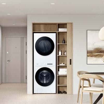 Condition photo showing New/Like New for samsung washer/dryer- bespoke ai laundry hub large capacity 4.6 cu. ft. single unit washer with steam wash and 7.6 cu. ft. electric dryer in white, wh46dbh100ewa3