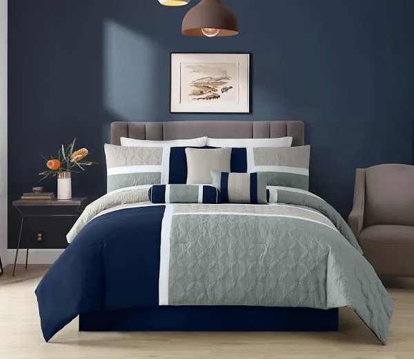 chezmoi collection upland 7-piece quilted patchwork comforter set, blue/black/gray, queen