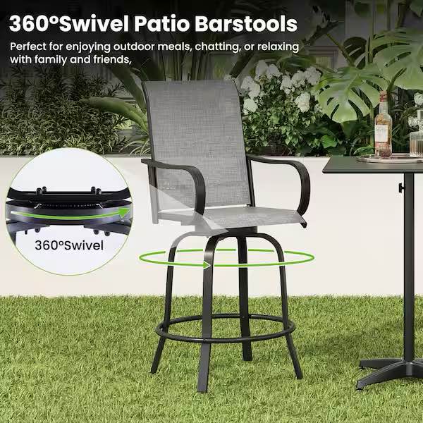 Condition photo showing New/Like New for outdoor swivel patio bar stools, metal outdoor bar stool with textilene fabric, outdoor bar height chairs