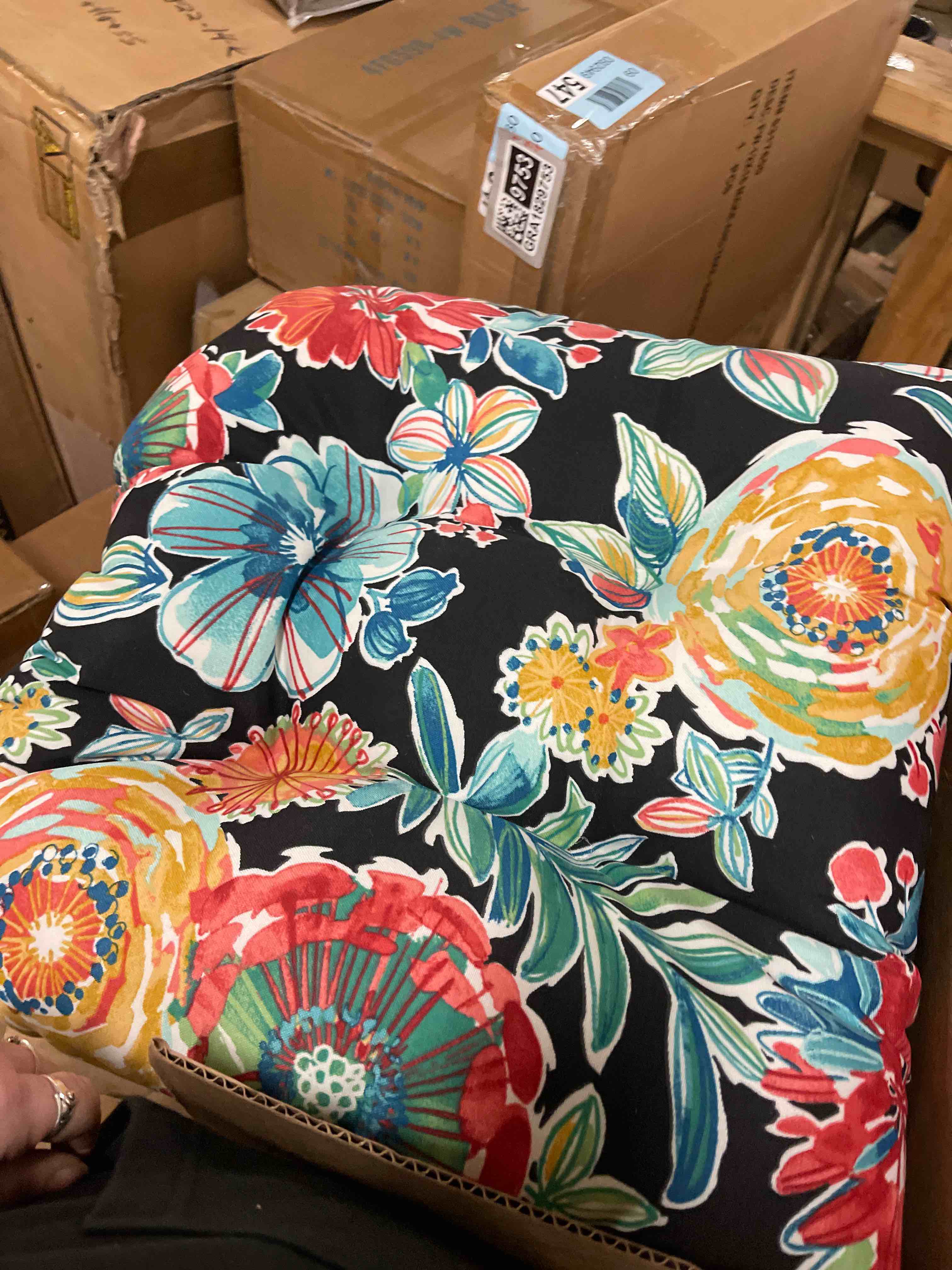 Condition photo showing New/Like New for blazing needles rounded back outdoor chair cushion, 16" x 16", colsen noir 2 count