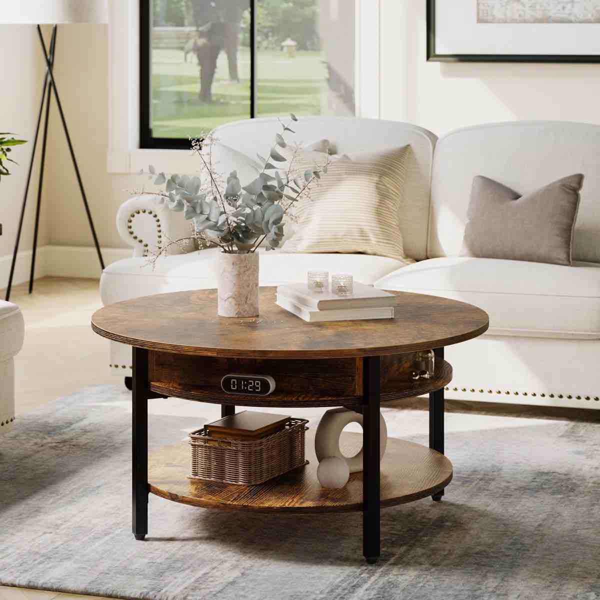 Condition photo showing New/Like New for wynny round lift-top wood coffee table with storage