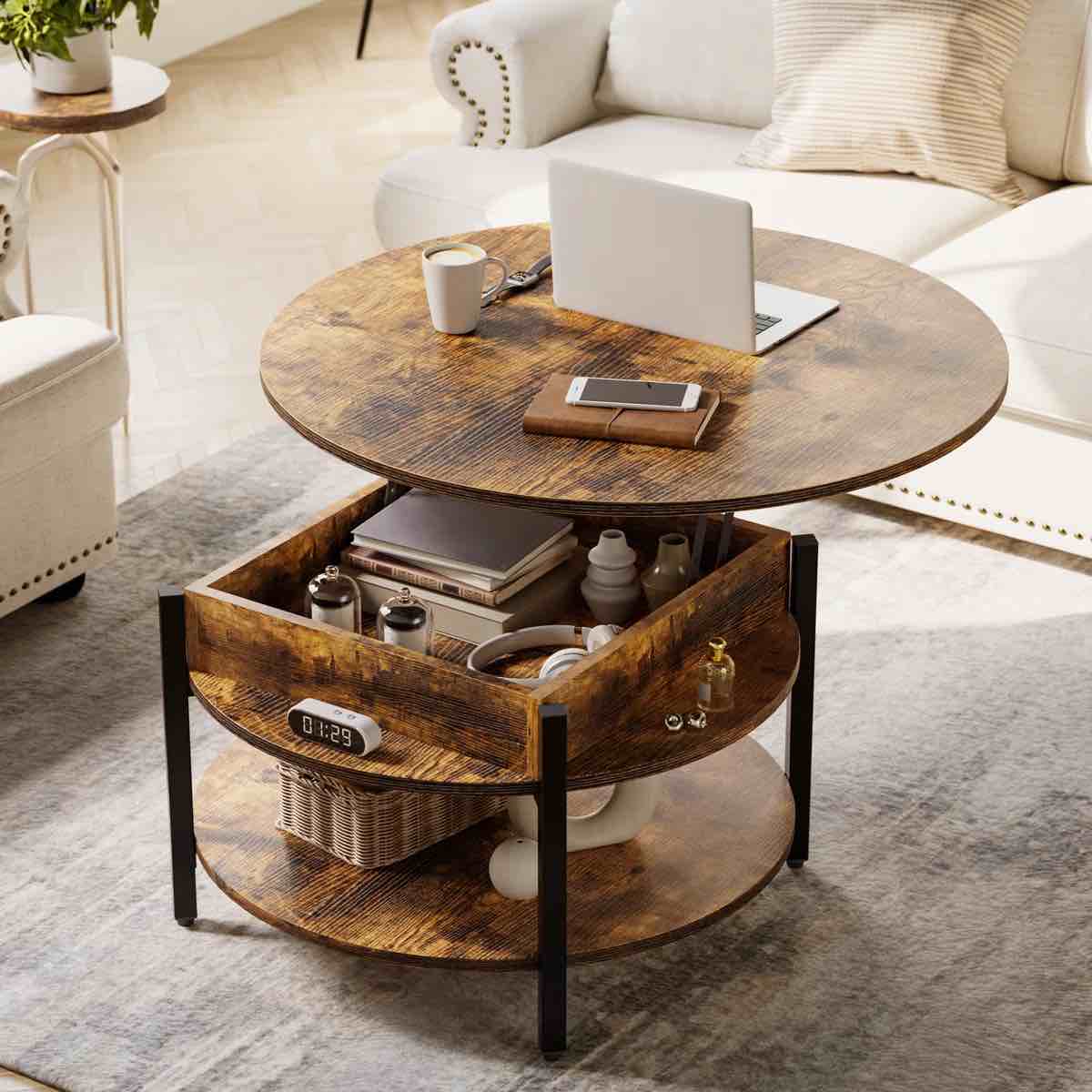 wynny round lift-top wood coffee table with storage