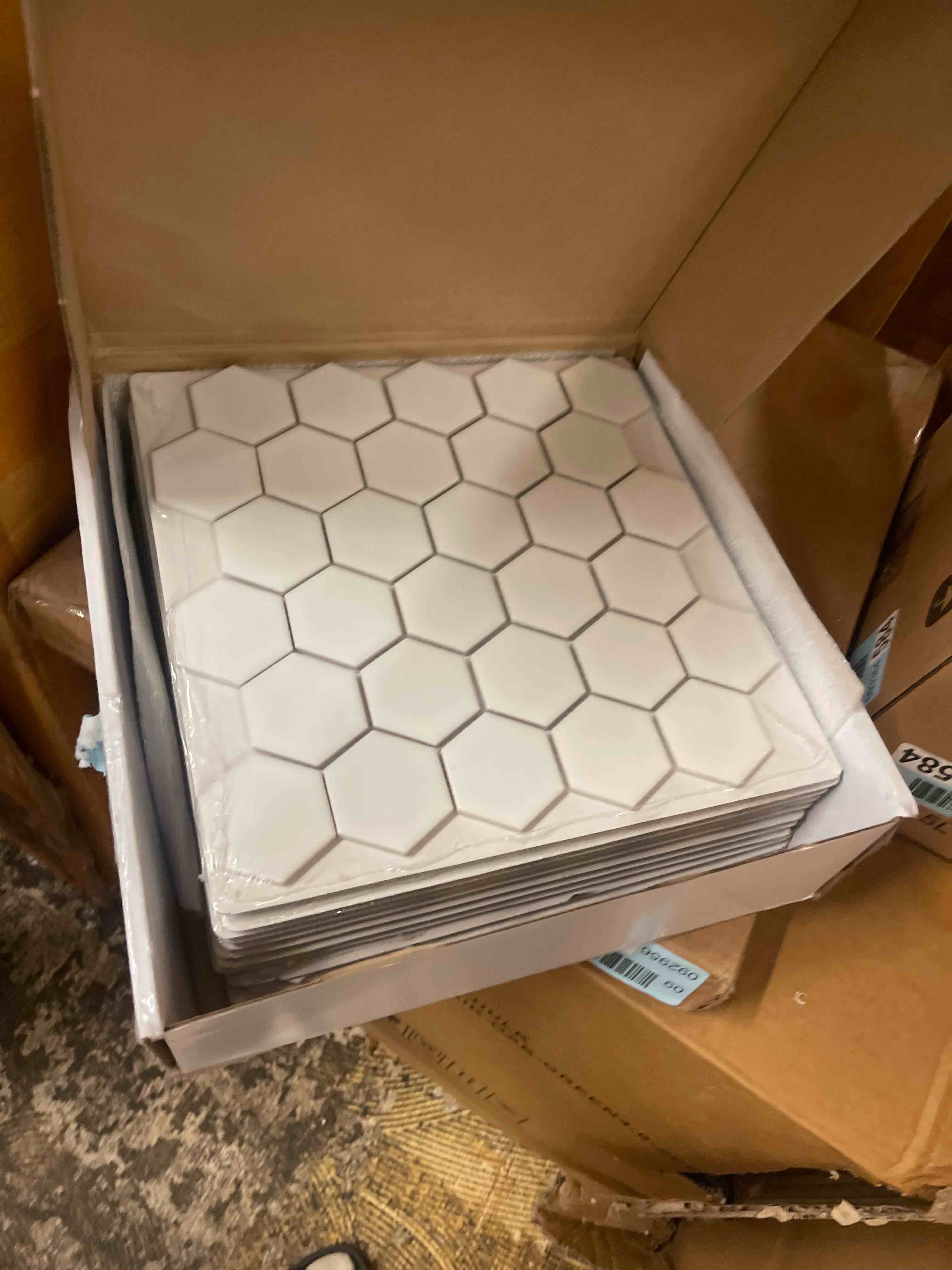 Condition photo showing New/Like New for 3-d peel and stick tile (hexagon white glossy 10pack, thin & flex smart tile for kitchen, bathroom, car camper - diy remodelling, wall decorations, no grout backsplash, faux marble, skinny
