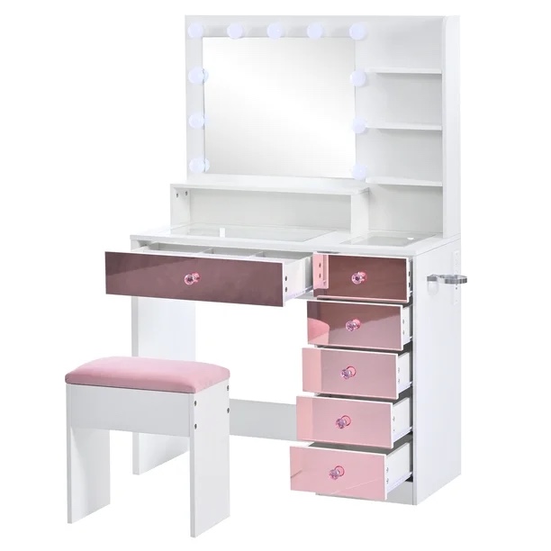Condition photo showing New/Like New for polibi pink & white makeup vanity desk with 9 hollywood bulbs, 3 lighting modes, glass top, charging station, 6 drawers, stool & hidden storage