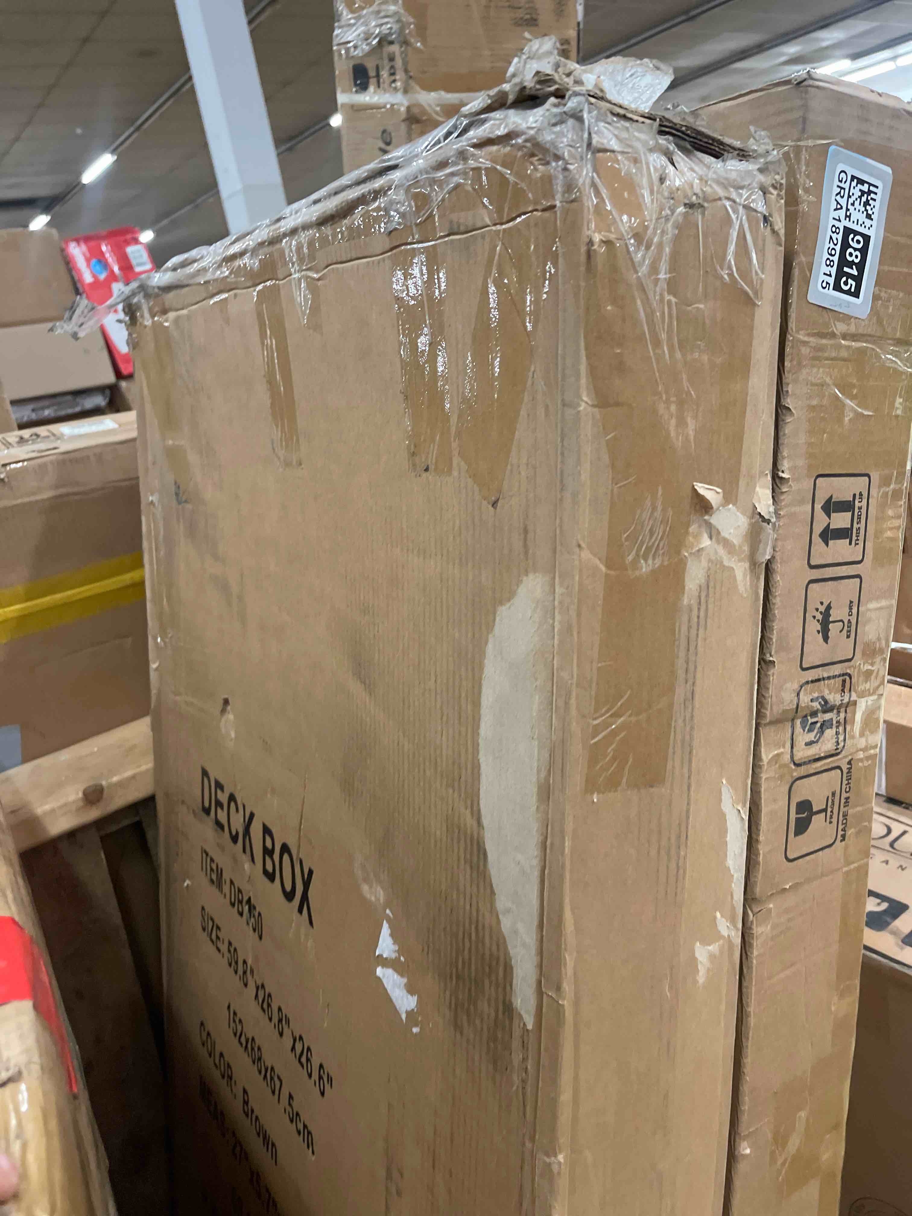 Condition photo showing New/Like New for 150 gallon all-weather deck box, lockable waterproof resin storage with uv resistance for patio furniture, garden tools, pool accessories (brown)