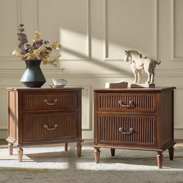 Walnut Farmhouse Solid Wood 2-Drawer Nightstand 