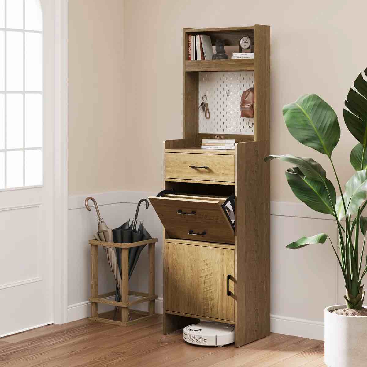 Condition photo showing New/Like New for atta 19.7"w x 69"l hall tree shoe storage cabinet with pegboard