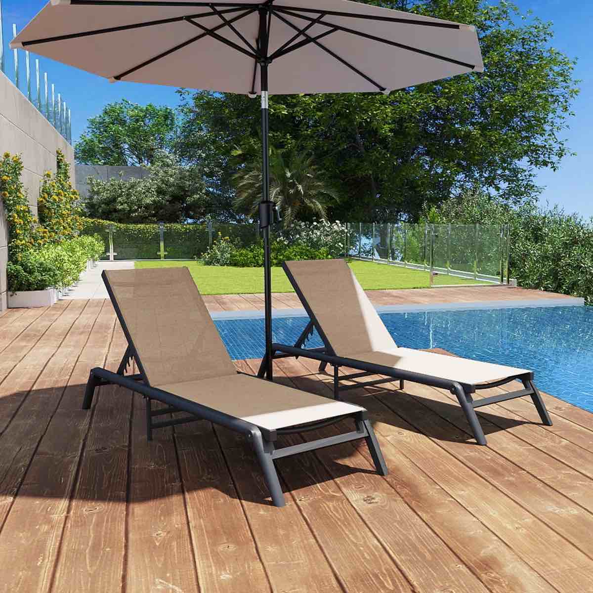 Adjustable Outdoor Aluminum Chaise Lounge, Foldable, No Assembly, 400 lbs Capacity (Set of 2)