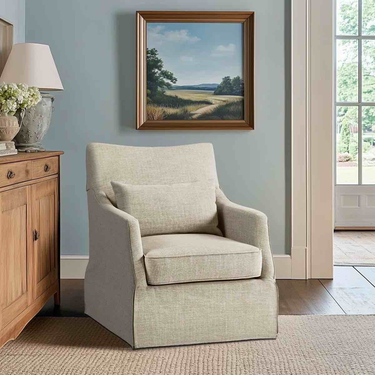 Martha Stewart Bedford London Upholstered Skirted Dining Arm Chair with Hidden Casters