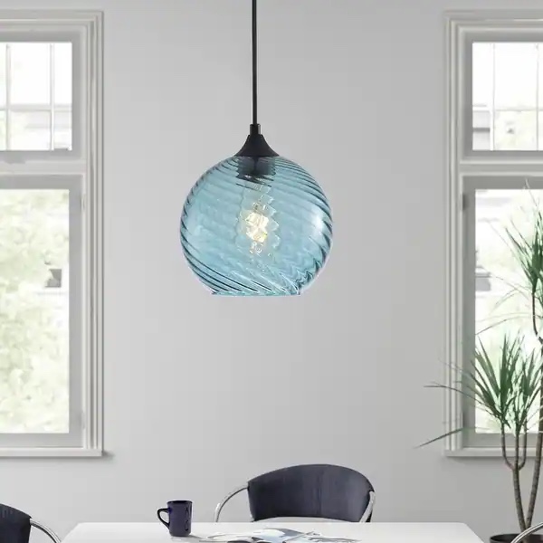 Condition photo showing New/Like New for 8.07 in. modern 1-light blue pendant light water ripple hanging ceiling lighting with striped swirl glass shade