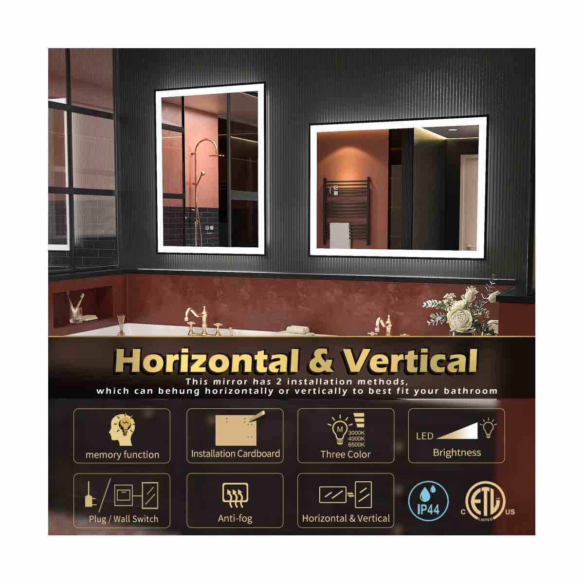 Condition photo showing New/Like New for led black framed bathroom vanity mirror, illuminated dimmable anti fog makeup mirror, 3 color light