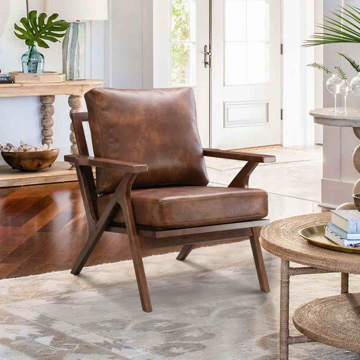 salma 29.5" wide solid wood frame upholstered mid century modern retro accent chair