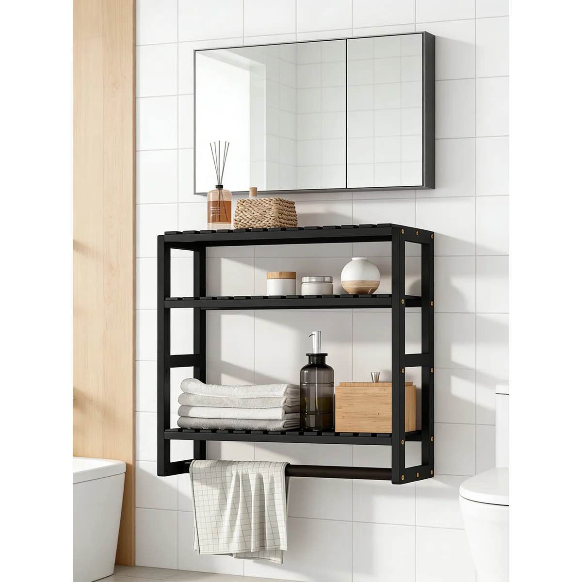 Galood Over The Toilet Storage Bathroom Shelves Wall Mounted 3 Tier Space Saver Corner Shelf Organizer Bamboo Towel Rack Toilet Paper Cabinet with Hanging Rod Black