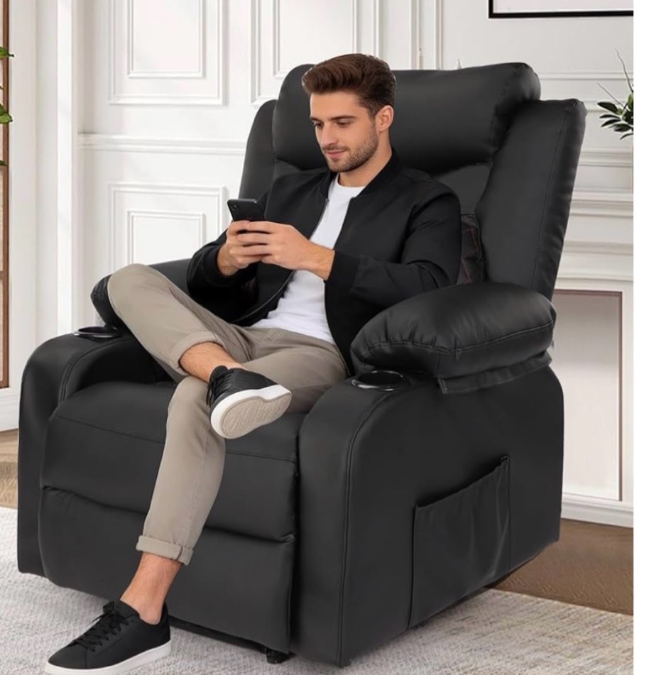 Overstuffed Massage Recliner Chair with Heat, Wide Seat Reclining Chair for Home Theater, Heated Massaging Manual Recliner Chairs with Cup Holders, Black