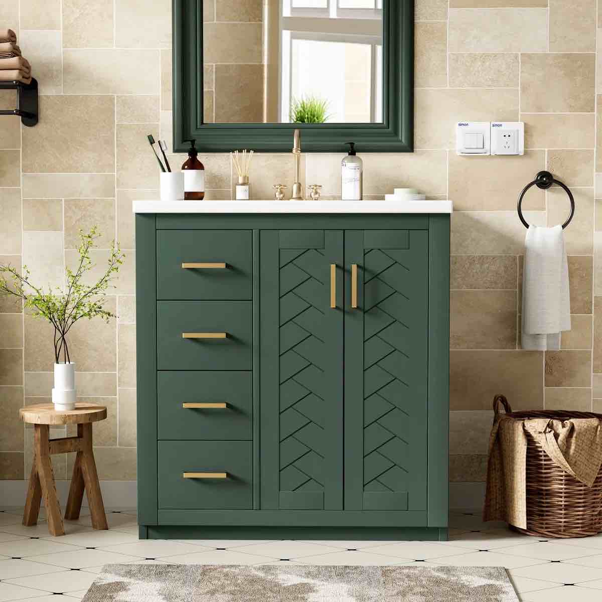 Bathroom Vanity With Ceramic Sink, Wood Frame Bathroom Storage Cabinet With Drawers And Soft Closing Doors
